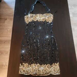 Black Sequin High-Low Halter Dress with Gold Beaded Trim
